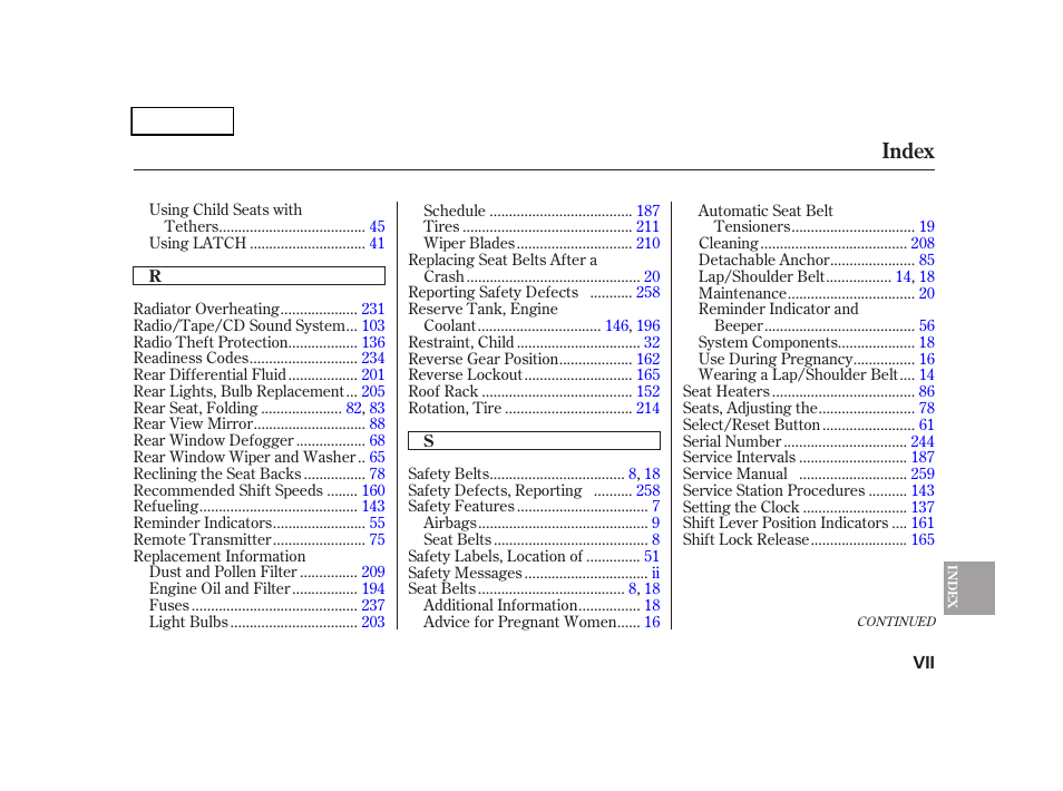 Index | HONDA 2005 CR-V - Owner's Manual User Manual | Page 270 / 274