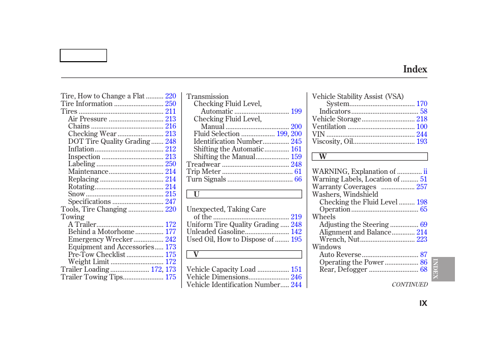 Index | HONDA 2005 CR-V - Owner's Manual User Manual | Page 272 / 274
