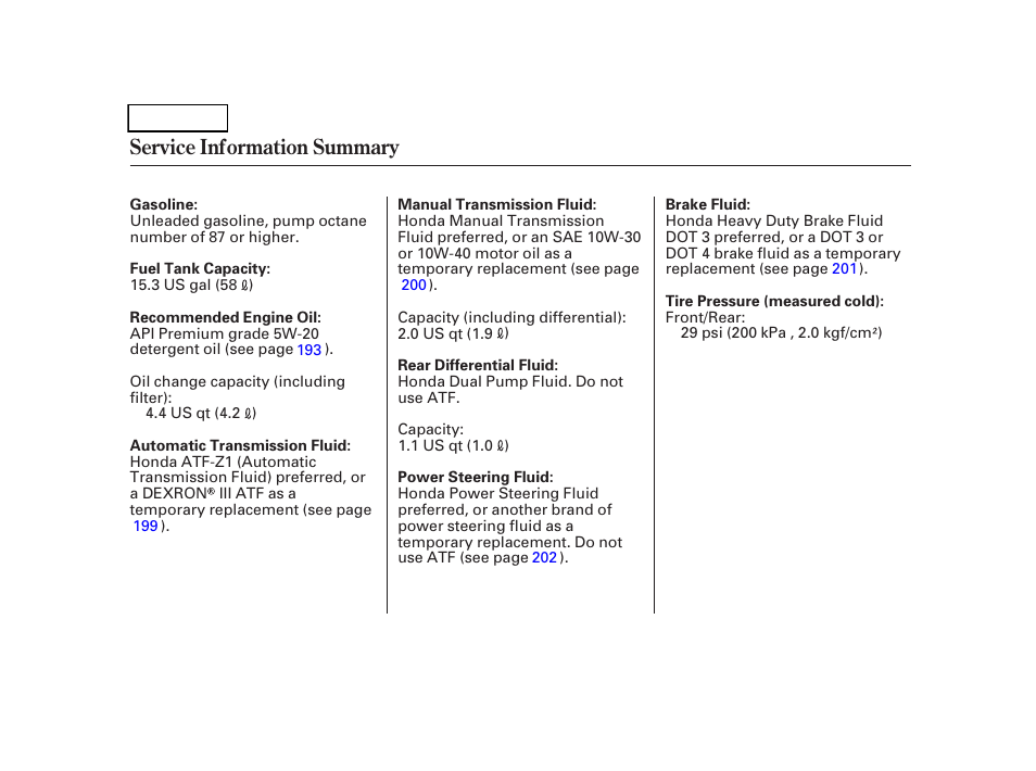 Service information summary | HONDA 2005 CR-V - Owner's Manual User Manual | Page 274 / 274