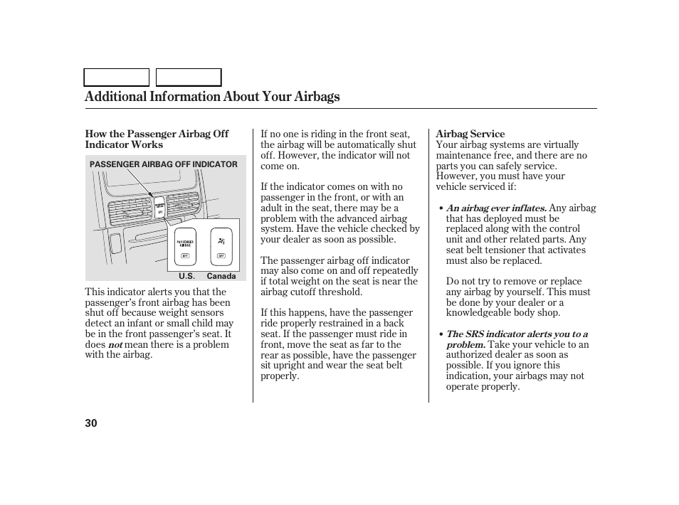Additional information about your airbags | HONDA 2005 CR-V - Owner's Manual User Manual | Page 33 / 274