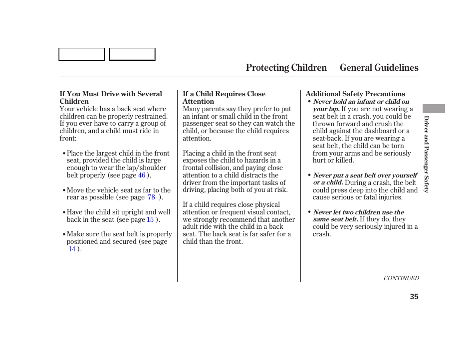 Protecting children general guidelines | HONDA 2005 CR-V - Owner's Manual User Manual | Page 38 / 274