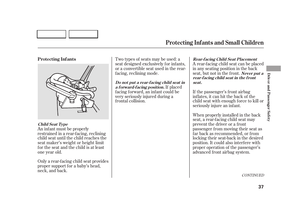 Protecting infants and small children | HONDA 2005 CR-V - Owner's Manual User Manual | Page 40 / 274