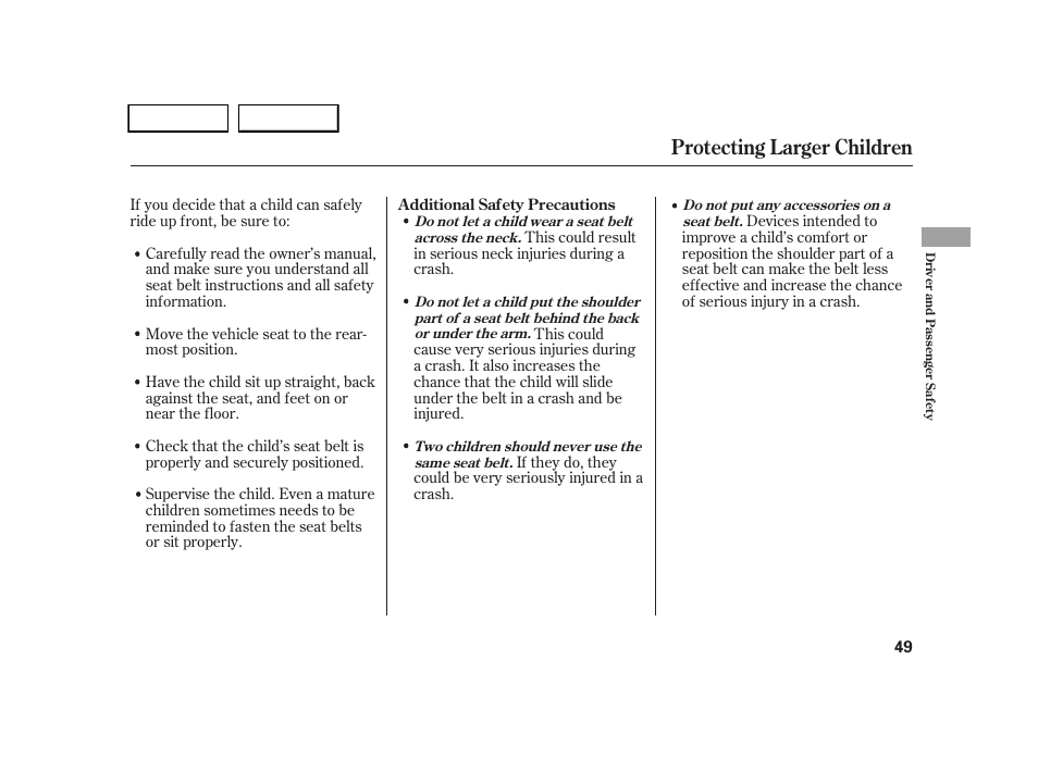 Protecting larger children | HONDA 2005 CR-V - Owner's Manual User Manual | Page 52 / 274