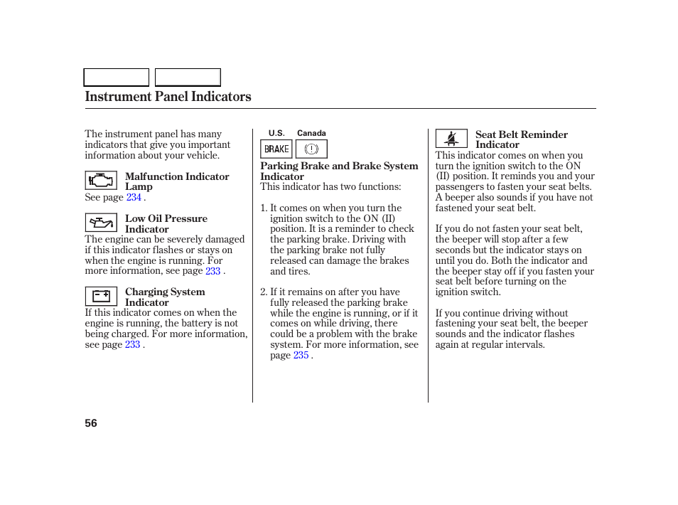 Instrument panel indicators | HONDA 2005 CR-V - Owner's Manual User Manual | Page 59 / 274