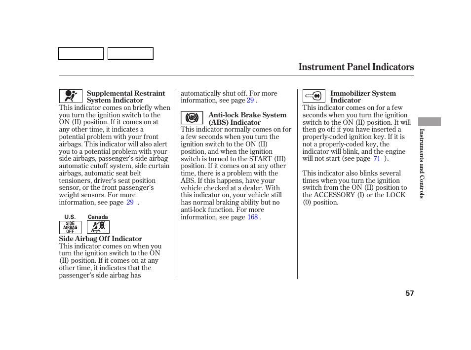 Instrument panel indicators | HONDA 2005 CR-V - Owner's Manual User Manual | Page 60 / 274