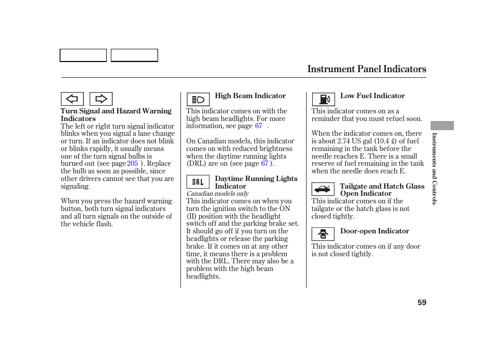 Instrument panel indicators | HONDA 2005 CR-V - Owner's Manual User Manual | Page 62 / 274