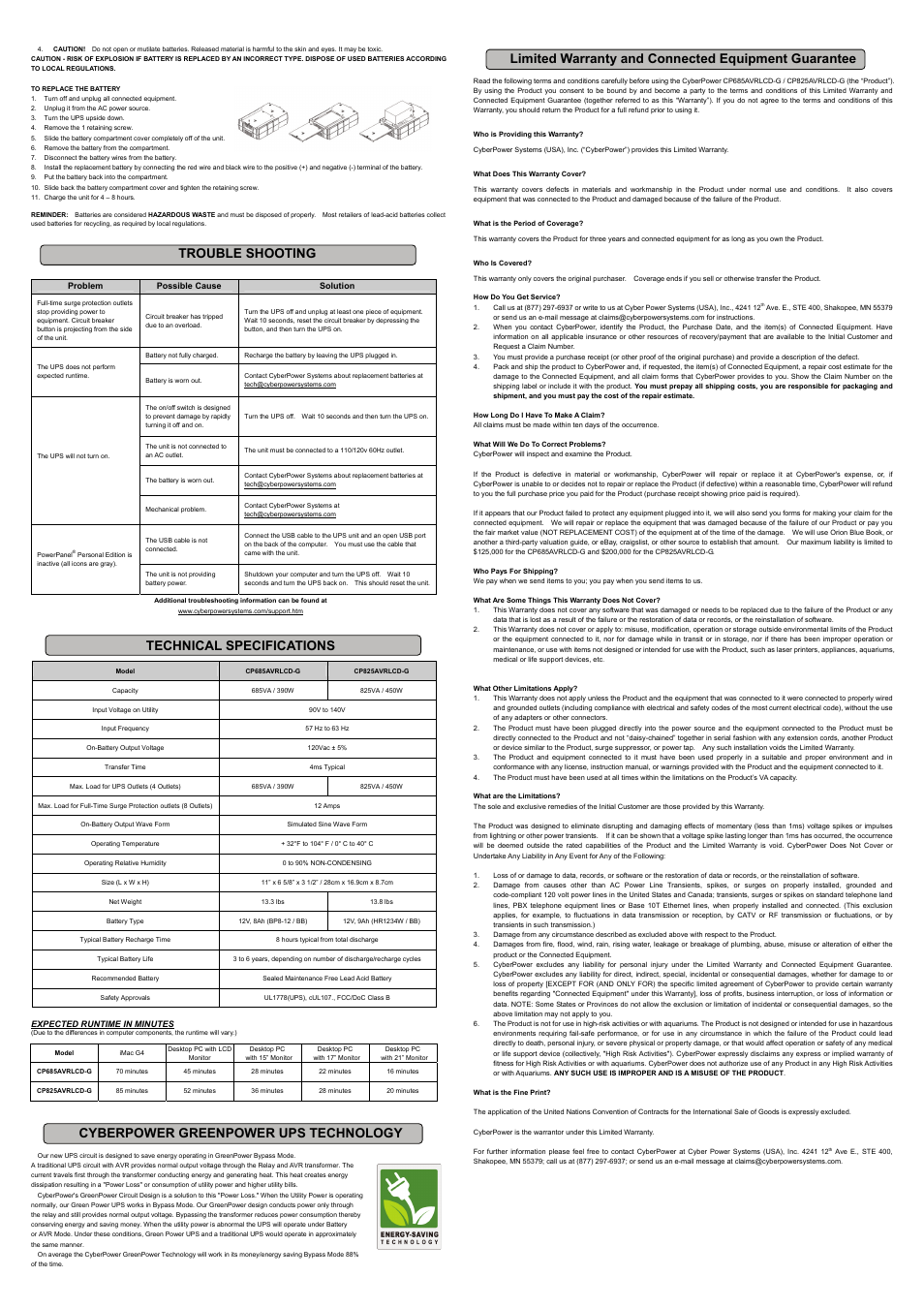 Trouble shooting, Technical specifications, Cyberpower greenpower ups technology | Limited warranty and connected equipment guarantee | CyberPower Systems CP685AVRLCD-G User Manual | Page 2 / 2