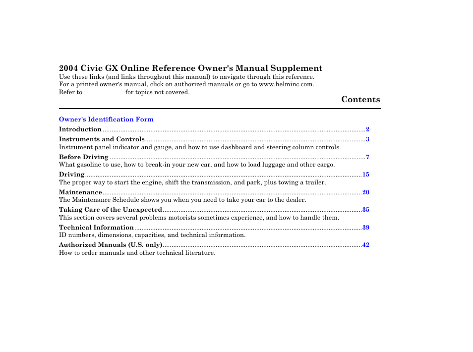HONDA 2004 Civic GX - Owner's Manual User Manual | 45 pages