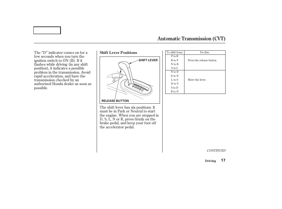 Automatic transmission (cvt) | HONDA 2004 Civic GX - Owner's Manual User Manual | Page 18 / 45