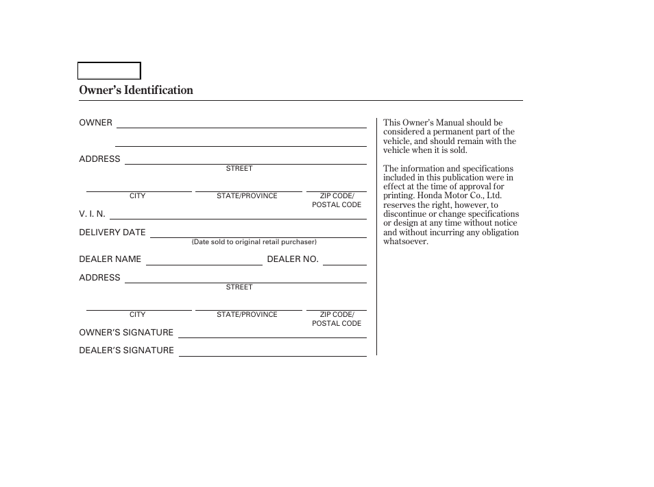 Owner's identification form, Owner’s identification | HONDA 2004 Civic GX - Owner's Manual User Manual | Page 2 / 45