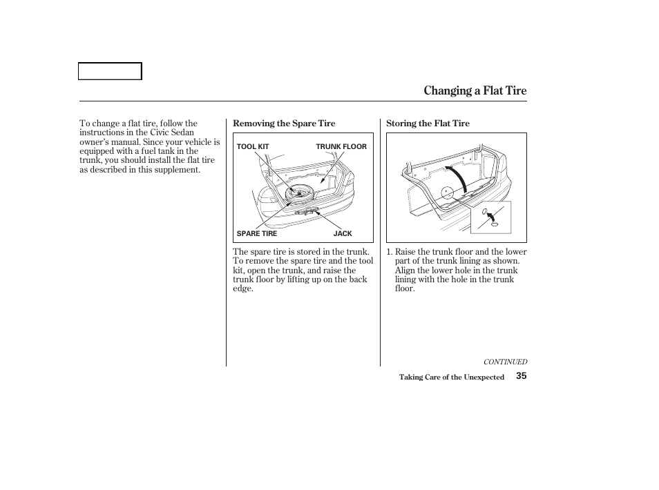 Changing a flat tire | HONDA 2004 Civic GX - Owner's Manual User Manual | Page 36 / 45