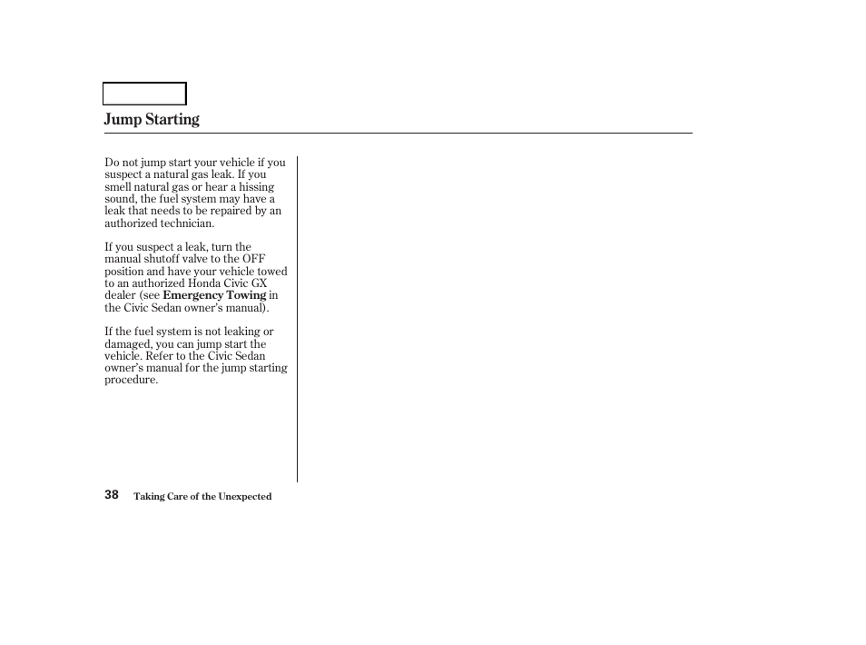Jump starting | HONDA 2004 Civic GX - Owner's Manual User Manual | Page 39 / 45