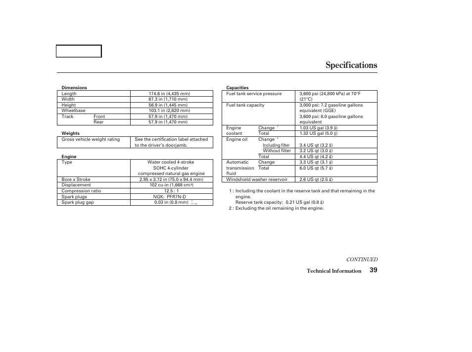 Specifications | HONDA 2004 Civic GX - Owner's Manual User Manual | Page 40 / 45
