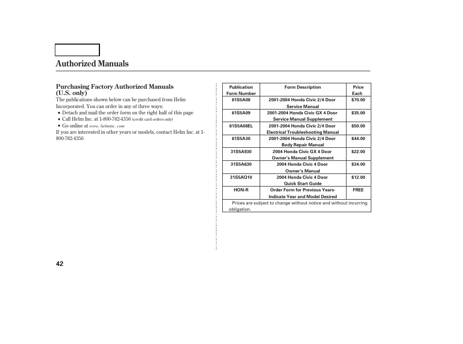 Authorized manuals | HONDA 2004 Civic GX - Owner's Manual User Manual | Page 43 / 45