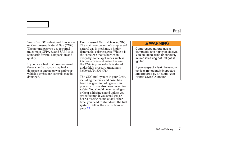 Fuel | HONDA 2004 Civic GX - Owner's Manual User Manual | Page 8 / 45