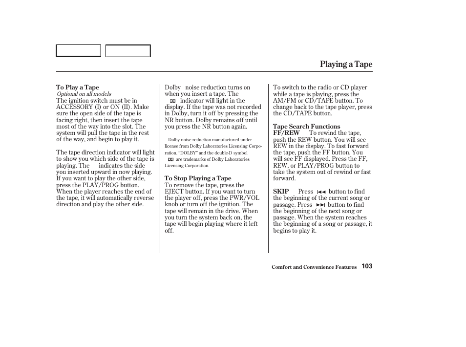 Playing a tape | HONDA 2004 Civic Sedan - Owner's Manual User Manual | Page 106 / 224