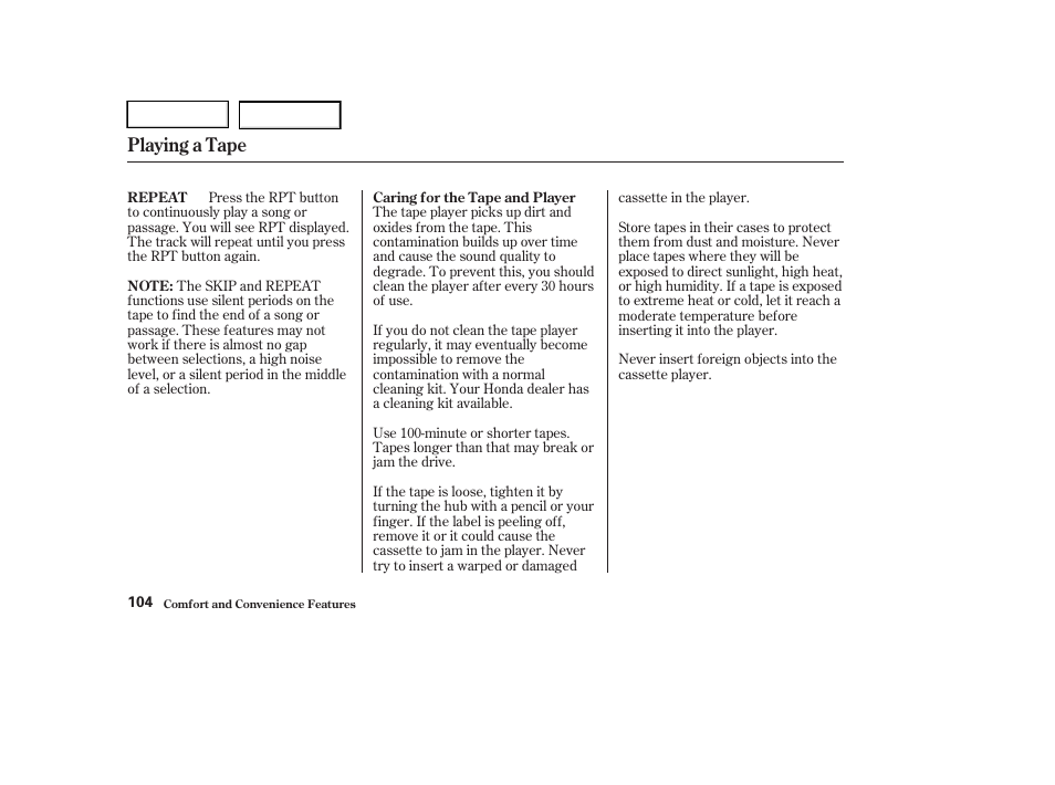 Playing a tape | HONDA 2004 Civic Sedan - Owner's Manual User Manual | Page 107 / 224