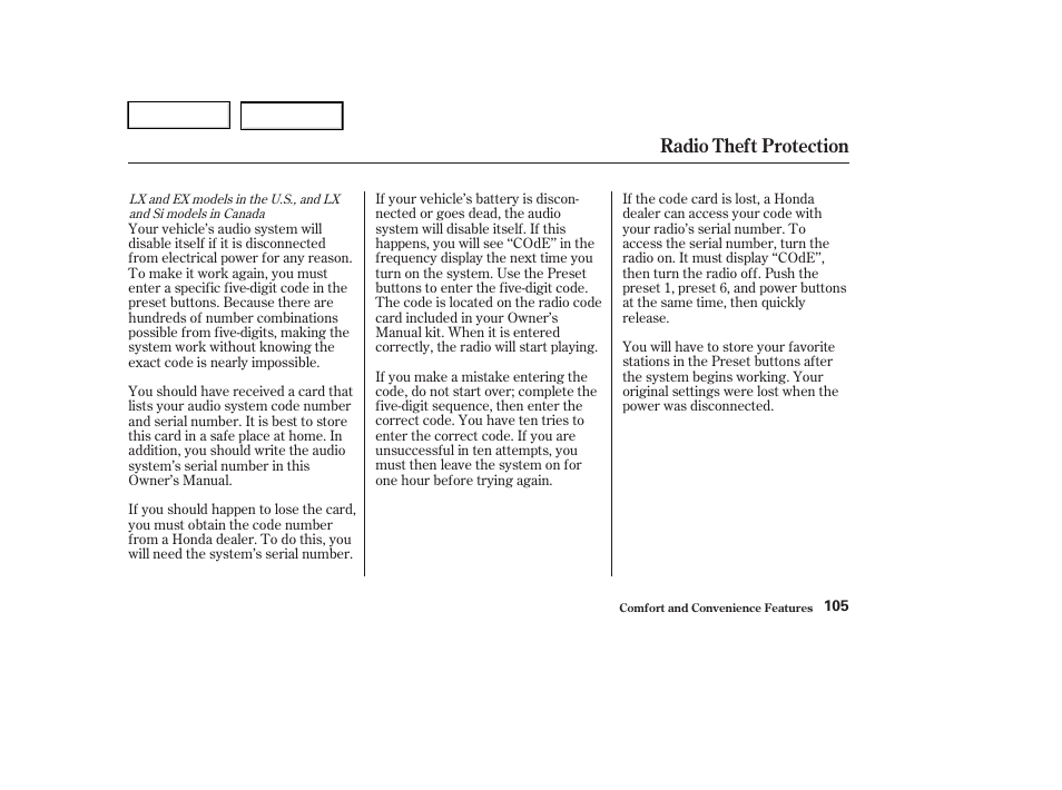 Radio theft protection | HONDA 2004 Civic Sedan - Owner's Manual User Manual | Page 108 / 224