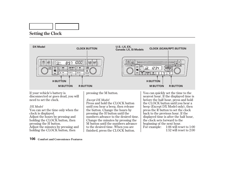 Setting the clock | HONDA 2004 Civic Sedan - Owner's Manual User Manual | Page 109 / 224