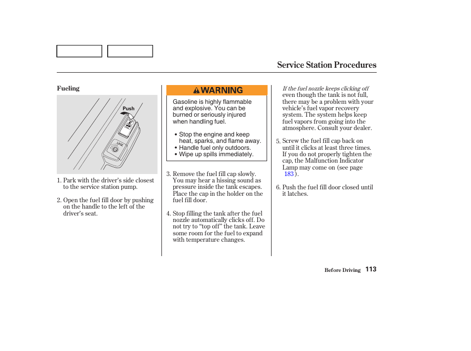 Service station procedures | HONDA 2004 Civic Sedan - Owner's Manual User Manual | Page 116 / 224