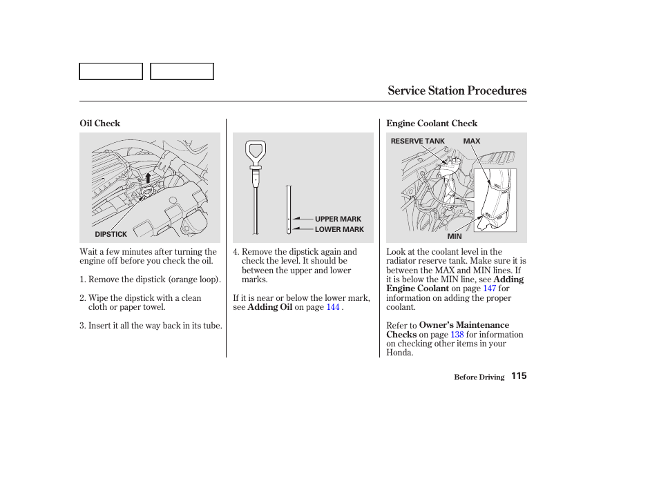 Service station procedures | HONDA 2004 Civic Sedan - Owner's Manual User Manual | Page 118 / 224