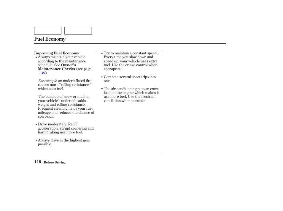 Fuel economy | HONDA 2004 Civic Sedan - Owner's Manual User Manual | Page 119 / 224