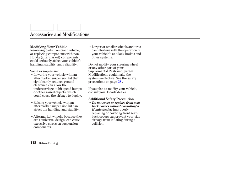 Accessories and modifications | HONDA 2004 Civic Sedan - Owner's Manual User Manual | Page 121 / 224