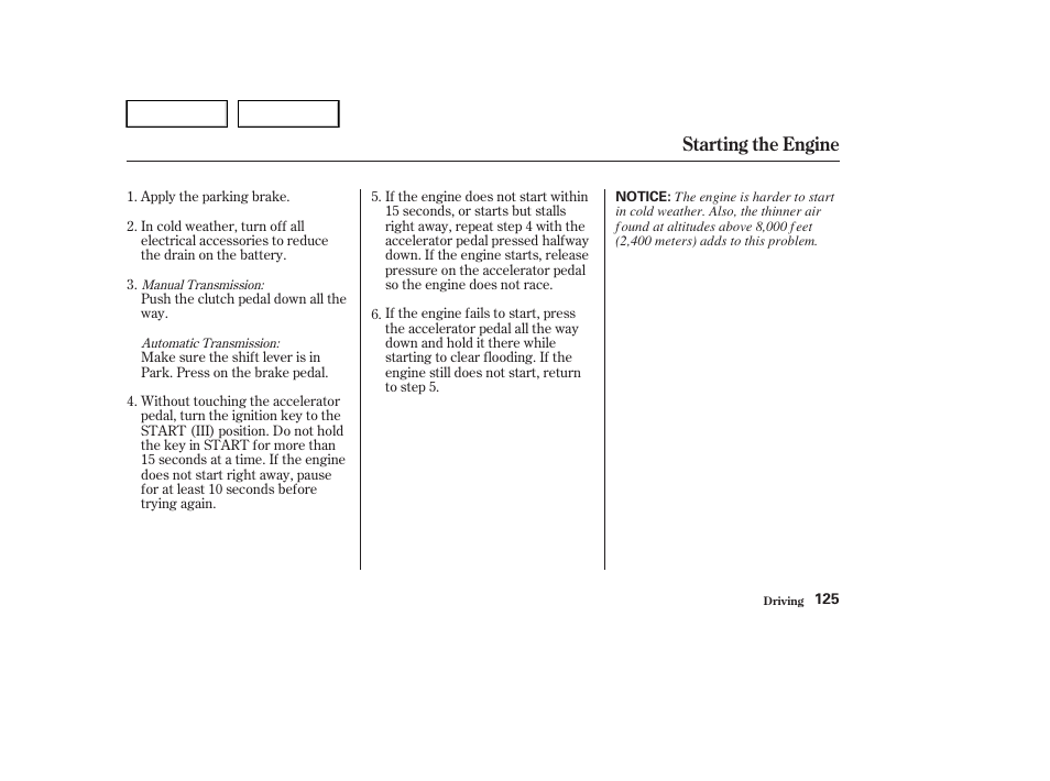 Starting the engine | HONDA 2004 Civic Sedan - Owner's Manual User Manual | Page 128 / 224