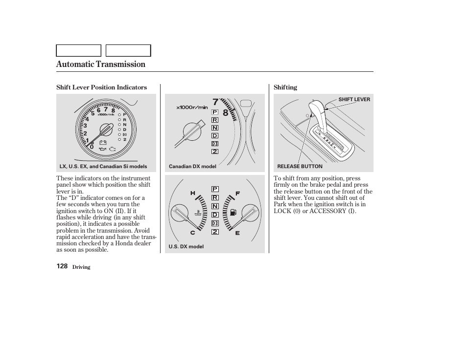 Automatic transmission | HONDA 2004 Civic Sedan - Owner's Manual User Manual | Page 131 / 224