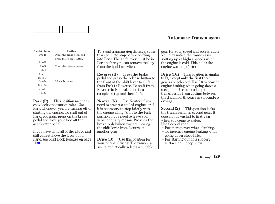 Automatic transmission | HONDA 2004 Civic Sedan - Owner's Manual User Manual | Page 132 / 224