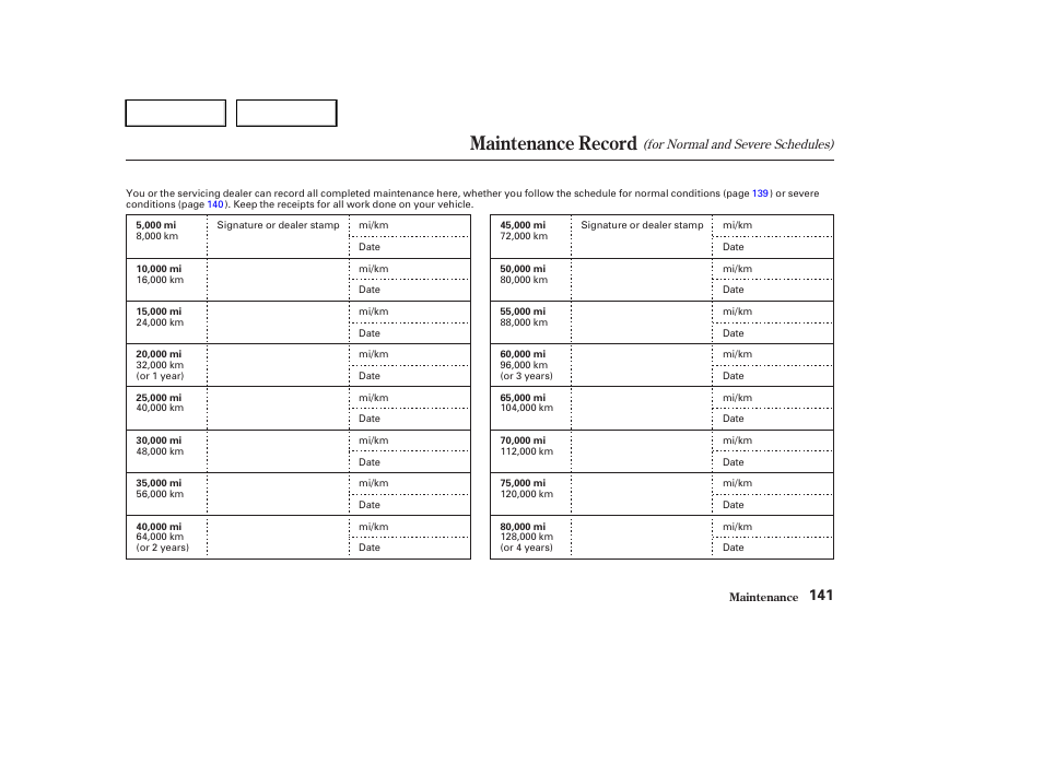 Maintenance record | HONDA 2004 Civic Sedan - Owner's Manual User Manual | Page 144 / 224