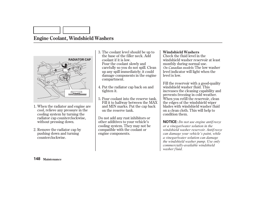 Engine coolant, windshield washers | HONDA 2004 Civic Sedan - Owner's Manual User Manual | Page 151 / 224