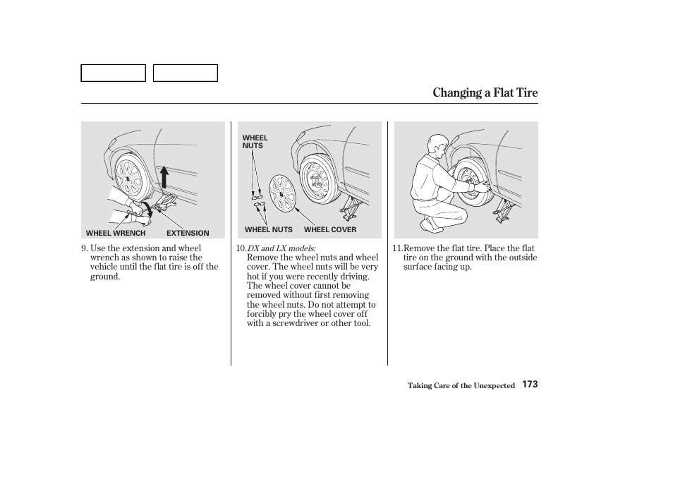 Changing a flat tire | HONDA 2004 Civic Sedan - Owner's Manual User Manual | Page 176 / 224