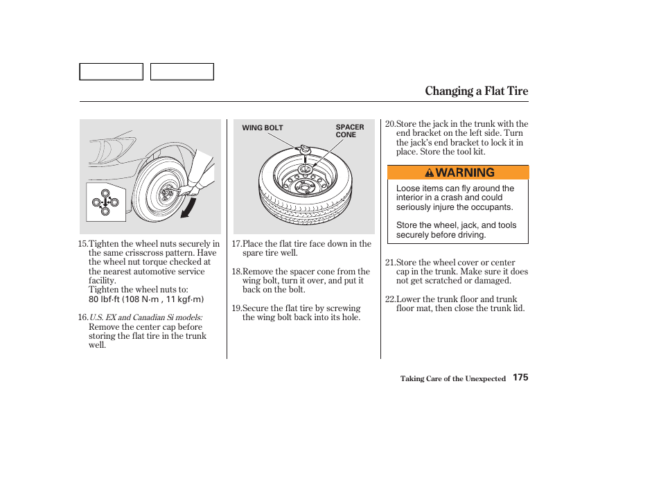 Changing a flat tire | HONDA 2004 Civic Sedan - Owner's Manual User Manual | Page 178 / 224