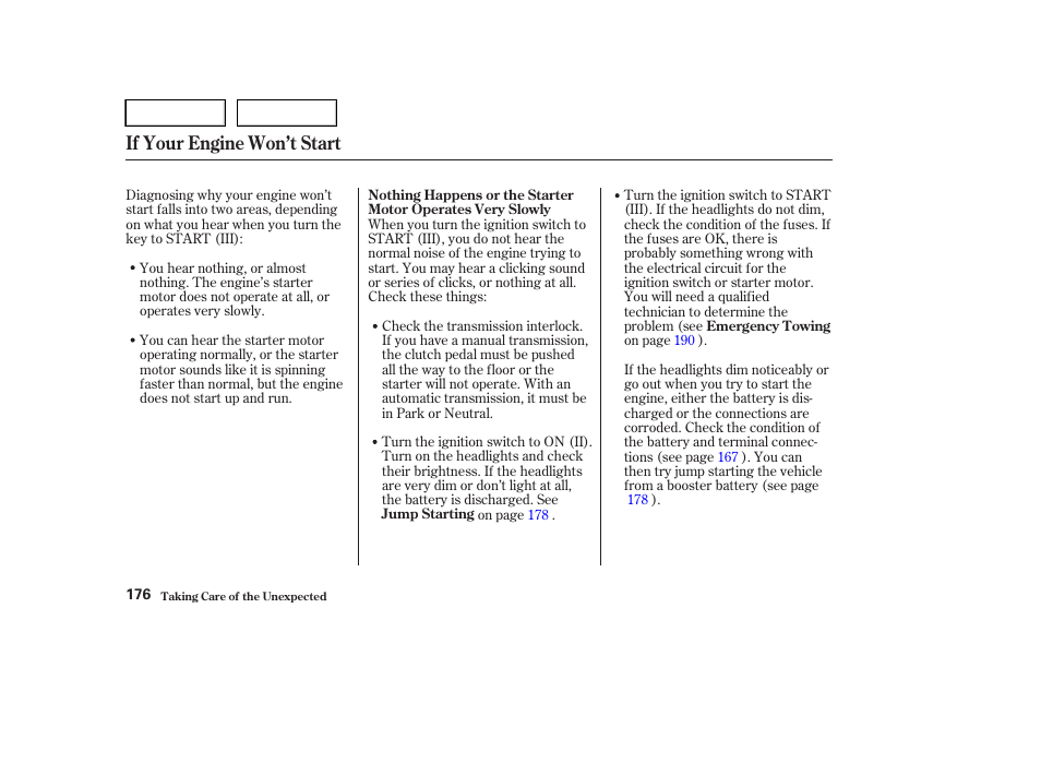 If your engine won’t start | HONDA 2004 Civic Sedan - Owner's Manual User Manual | Page 179 / 224