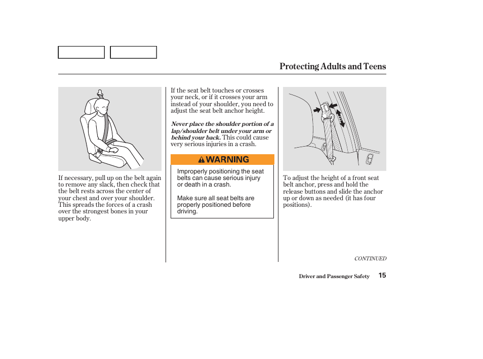 Protecting adults and teens | HONDA 2004 Civic Sedan - Owner's Manual User Manual | Page 18 / 224