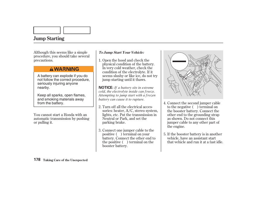 Jump starting | HONDA 2004 Civic Sedan - Owner's Manual User Manual | Page 181 / 224