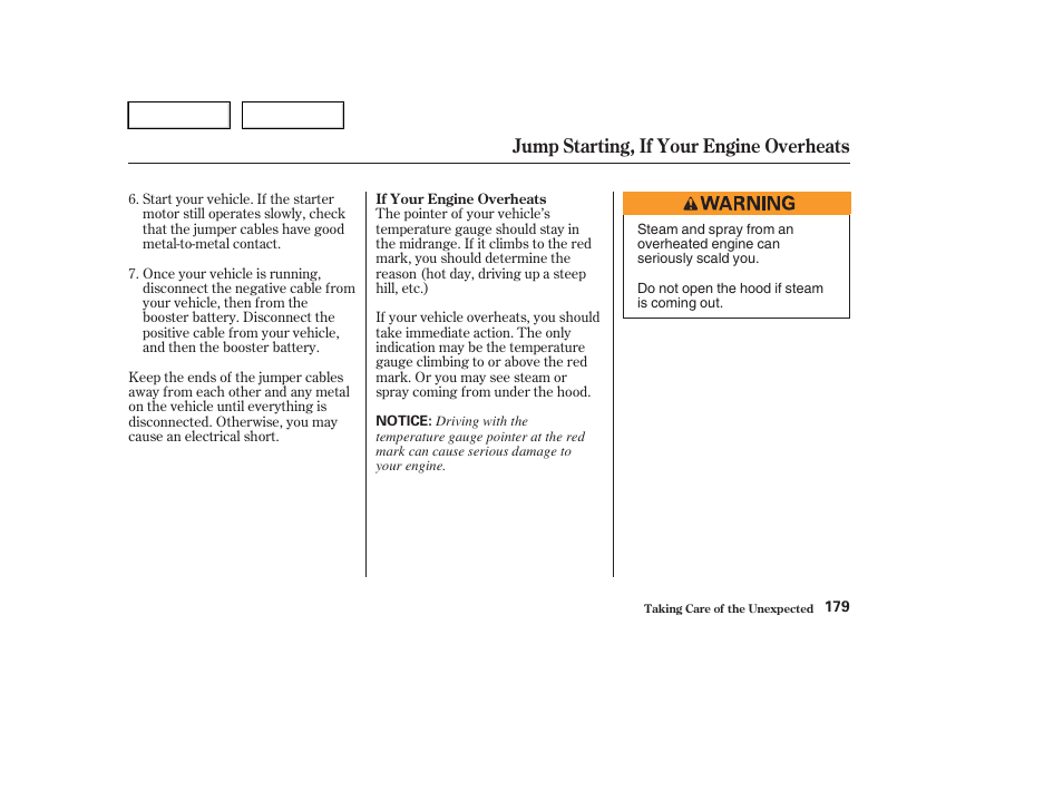 Jump starting, if your engine overheats | HONDA 2004 Civic Sedan - Owner's Manual User Manual | Page 182 / 224