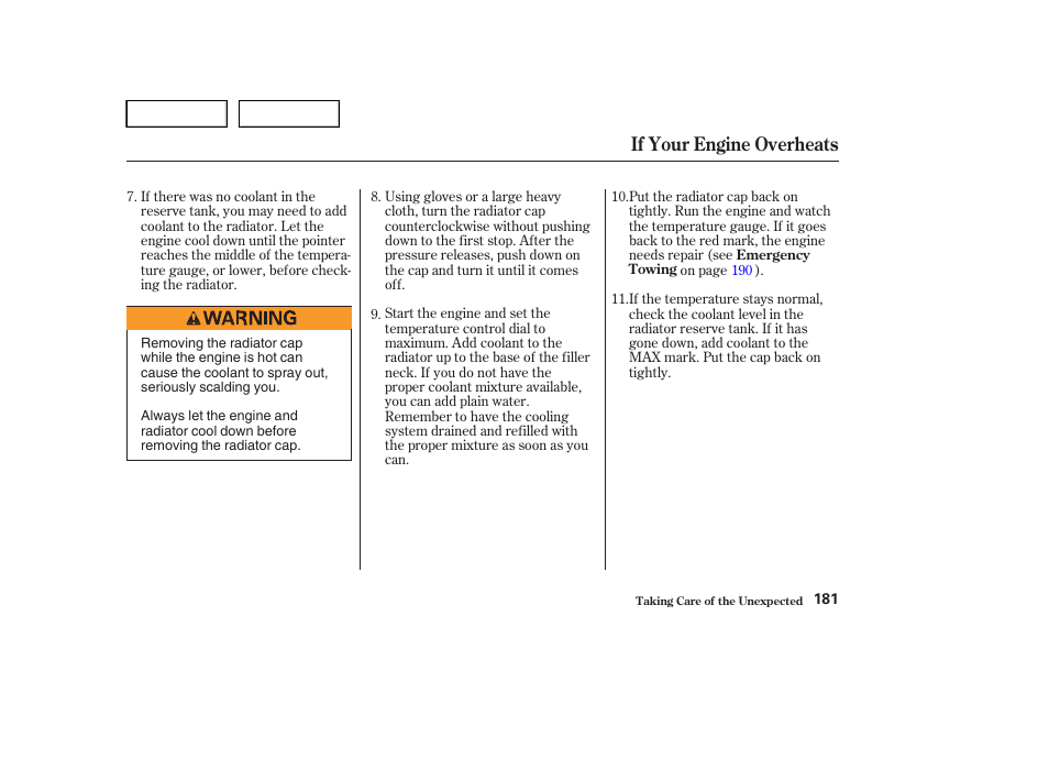 If your engine overheats | HONDA 2004 Civic Sedan - Owner's Manual User Manual | Page 184 / 224