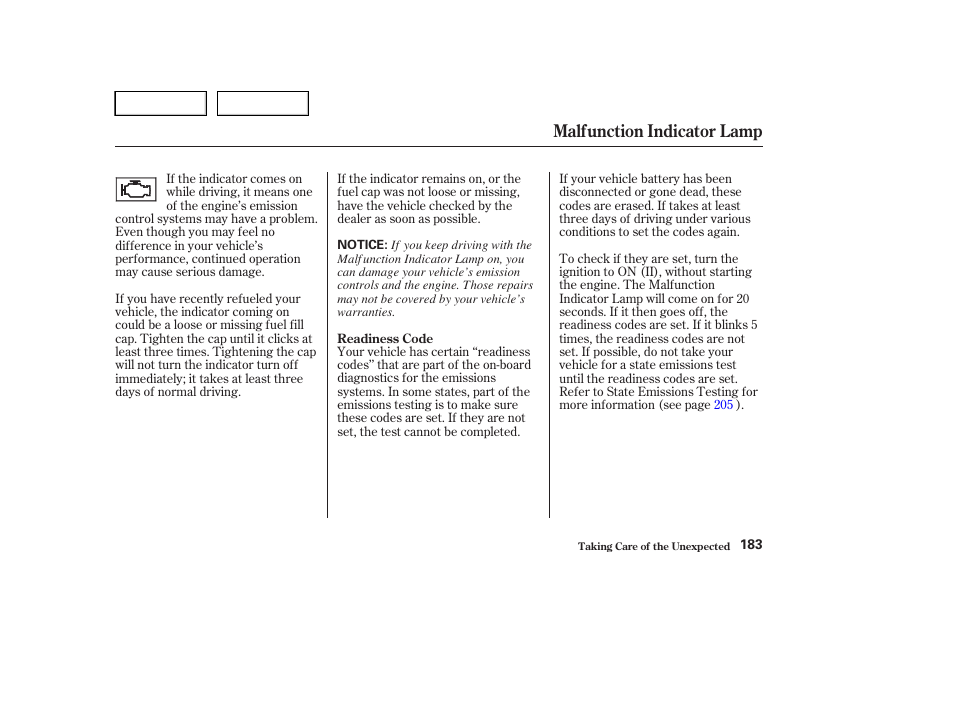 Malfunction indicator lamp | HONDA 2004 Civic Sedan - Owner's Manual User Manual | Page 186 / 224