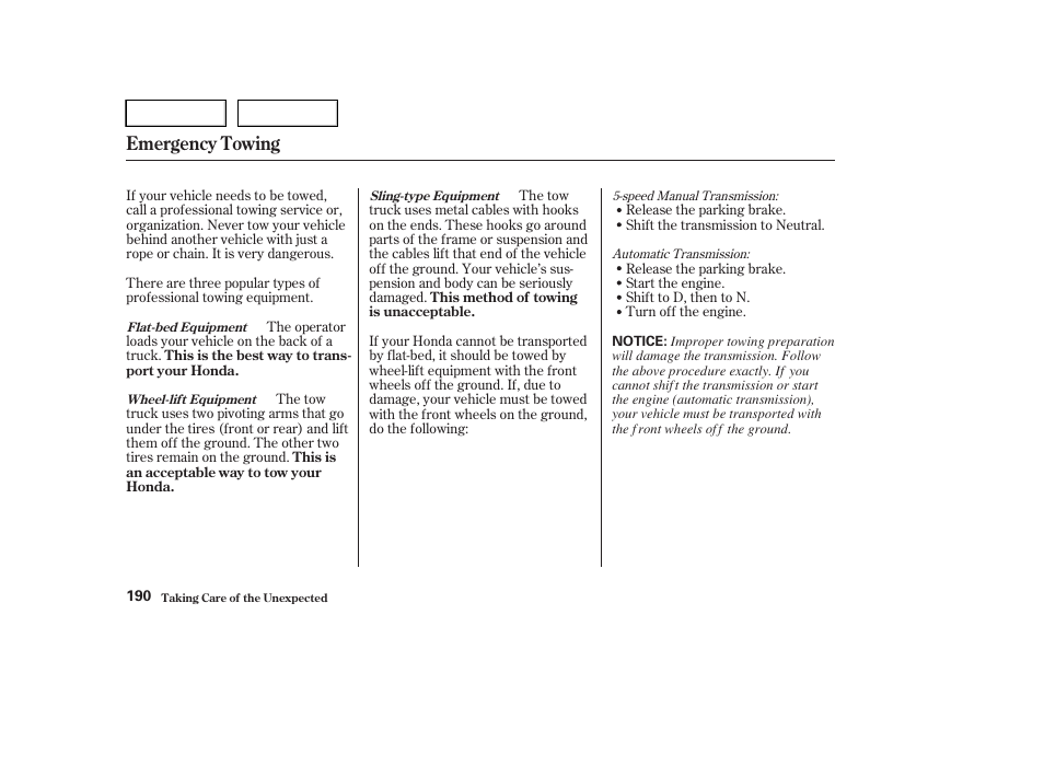 Emergency towing | HONDA 2004 Civic Sedan - Owner's Manual User Manual | Page 193 / 224