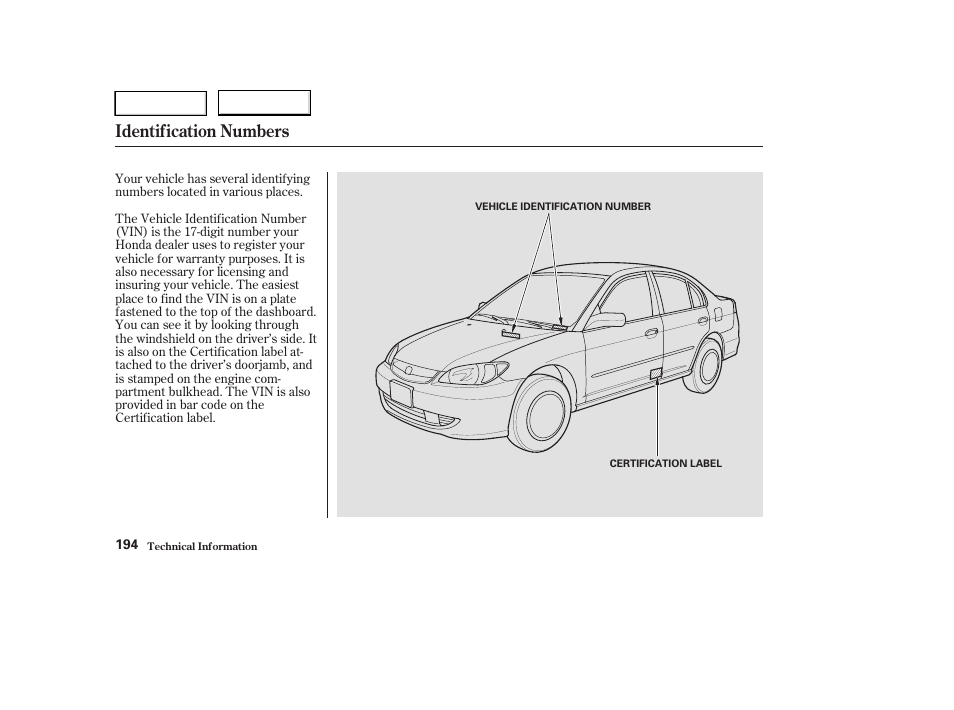 Identification numbers | HONDA 2004 Civic Sedan - Owner's Manual User Manual | Page 197 / 224