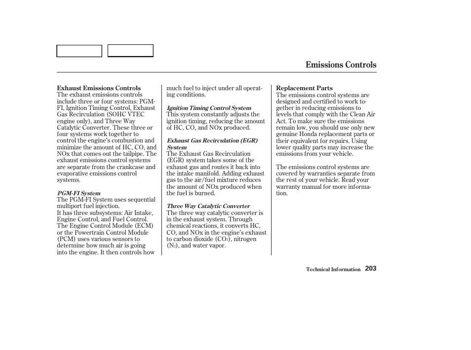 Emissions controls | HONDA 2004 Civic Sedan - Owner's Manual User Manual | Page 206 / 224