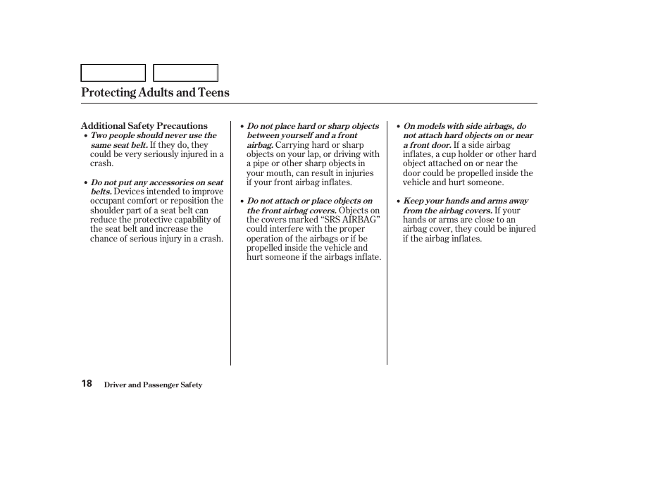 Protecting adults and teens | HONDA 2004 Civic Sedan - Owner's Manual User Manual | Page 21 / 224