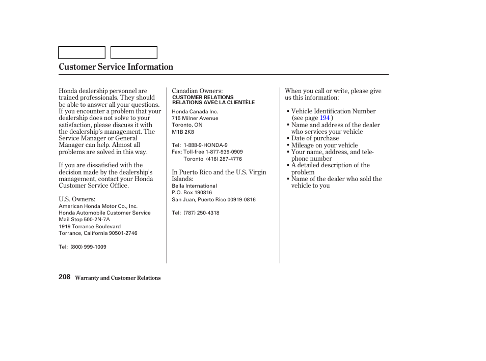 Customer service information | HONDA 2004 Civic Sedan - Owner's Manual User Manual | Page 211 / 224