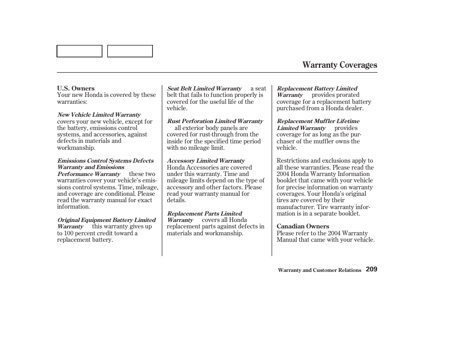 Warranty coverages | HONDA 2004 Civic Sedan - Owner's Manual User Manual | Page 212 / 224