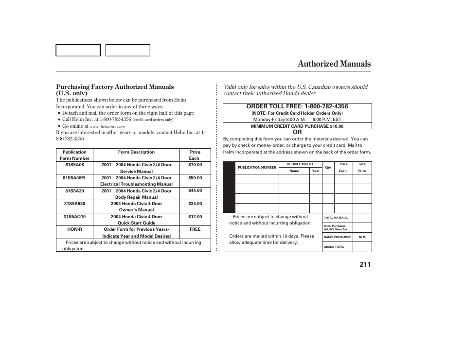 Authorized manuals | HONDA 2004 Civic Sedan - Owner's Manual User Manual | Page 214 / 224