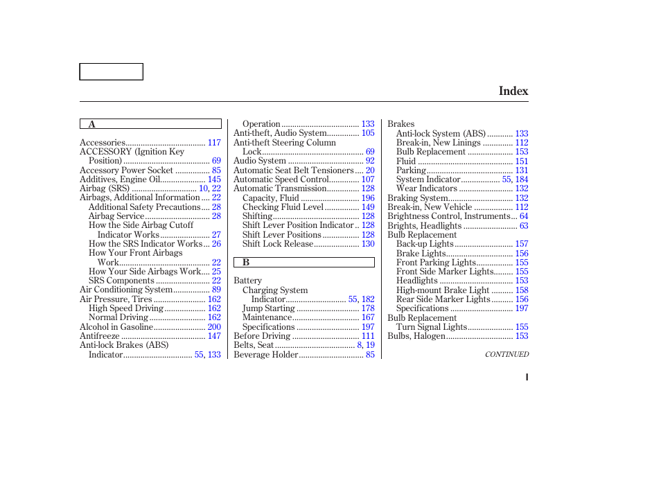 Index | HONDA 2004 Civic Sedan - Owner's Manual User Manual | Page 216 / 224