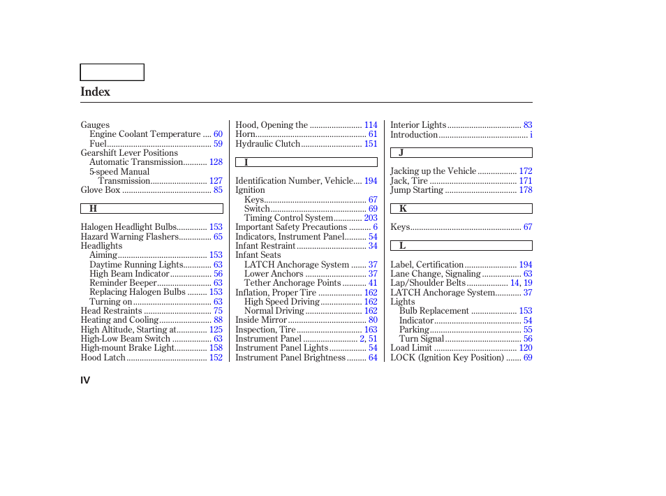 Index | HONDA 2004 Civic Sedan - Owner's Manual User Manual | Page 219 / 224