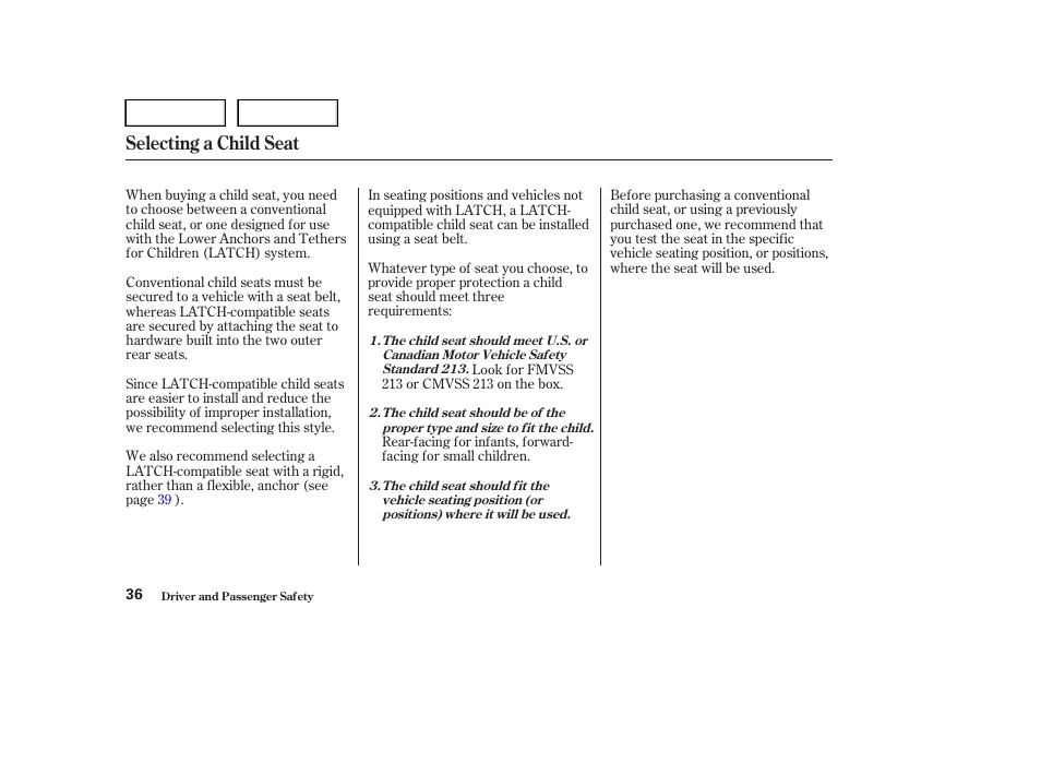 Selecting a child seat | HONDA 2004 Civic Sedan - Owner's Manual User Manual | Page 39 / 224